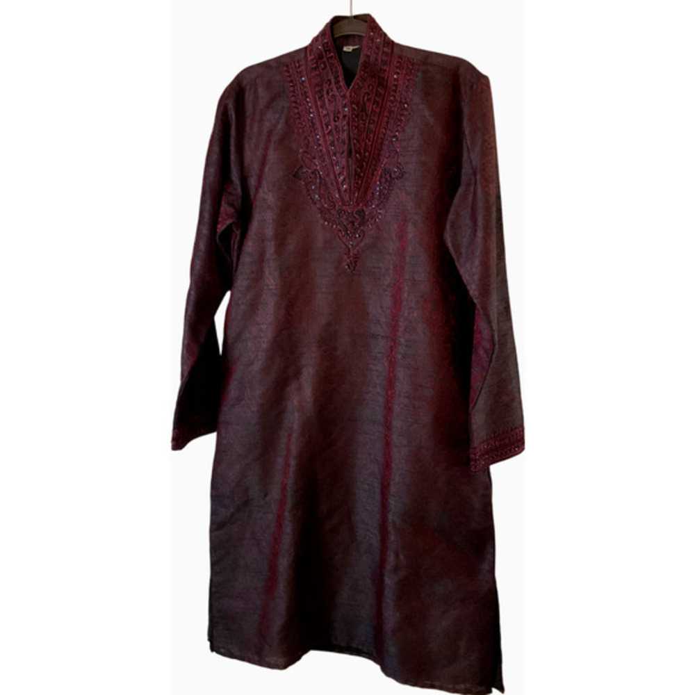 Kurta Sherwani Womens 38 Medium Burgundy Red Embroidered Cotton Made in India